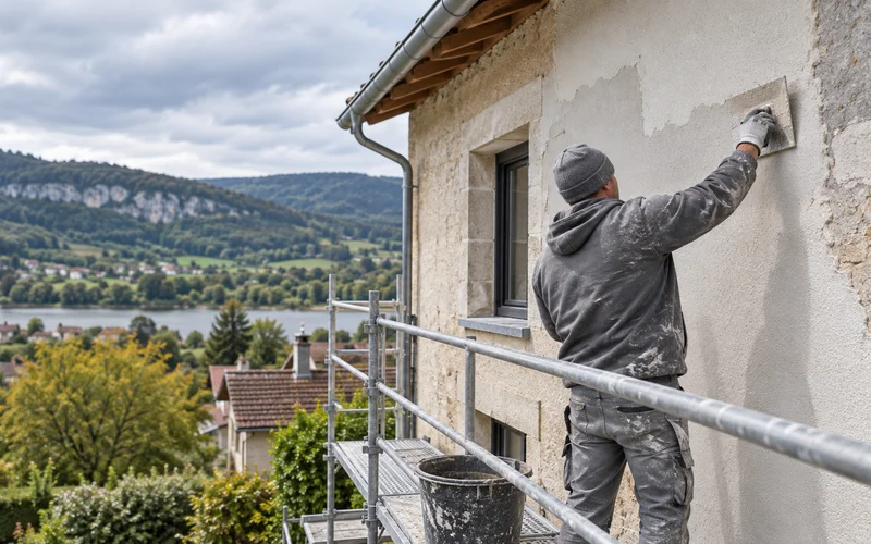 Échafaudage monté sur une façade de village — ravalement de façade à Mâcon