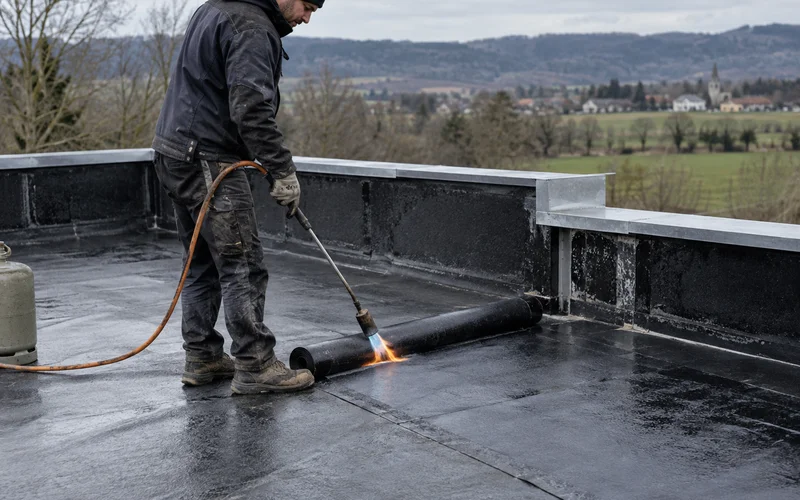 Soudure d’un rouleau de membrane bitume — étanchéité de toiture à Mâcon