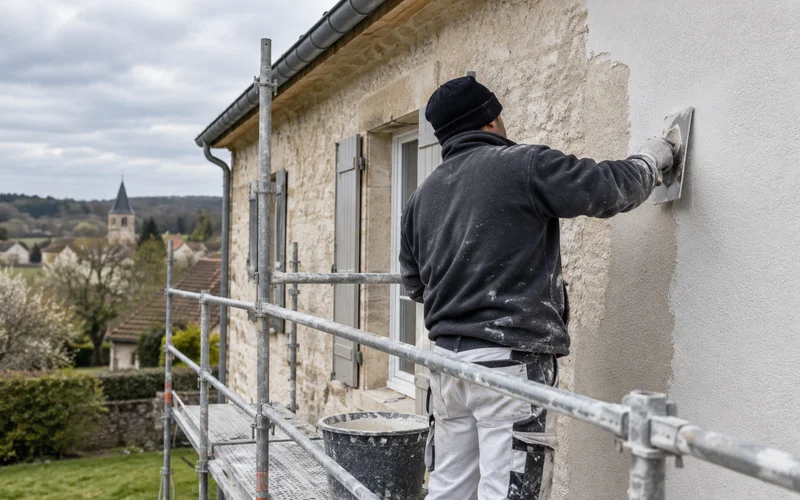 Application d’un enduit à la taloche sur façade — ravalement à Mâcon