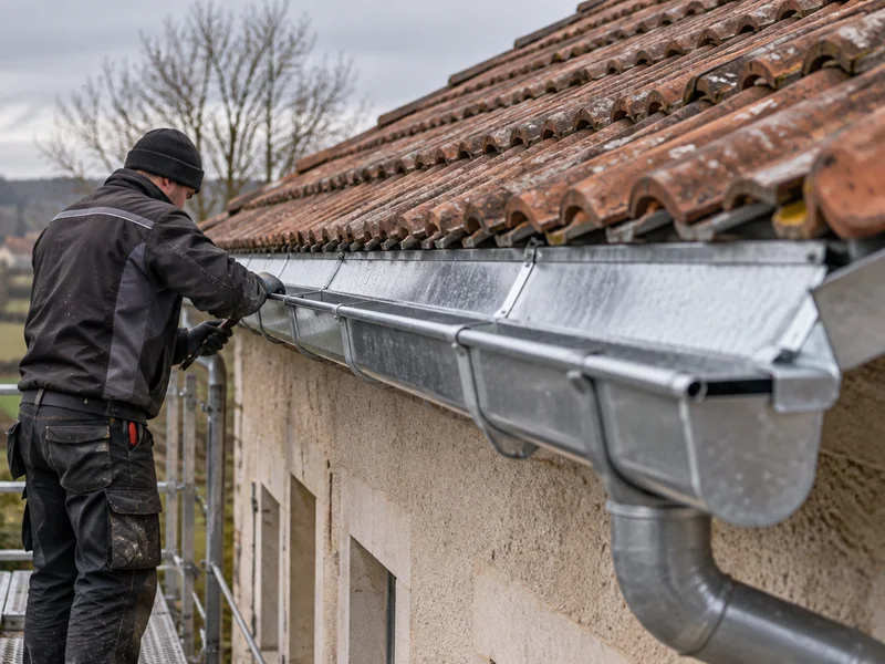 Pose d’une gouttière en zinc depuis un échafaudage — zinguerie à Oyonnax