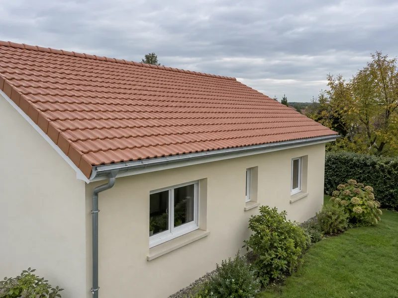 Toiture neuve terminée, gouttière et descente en zinc — réfection de toiture à Mâcon