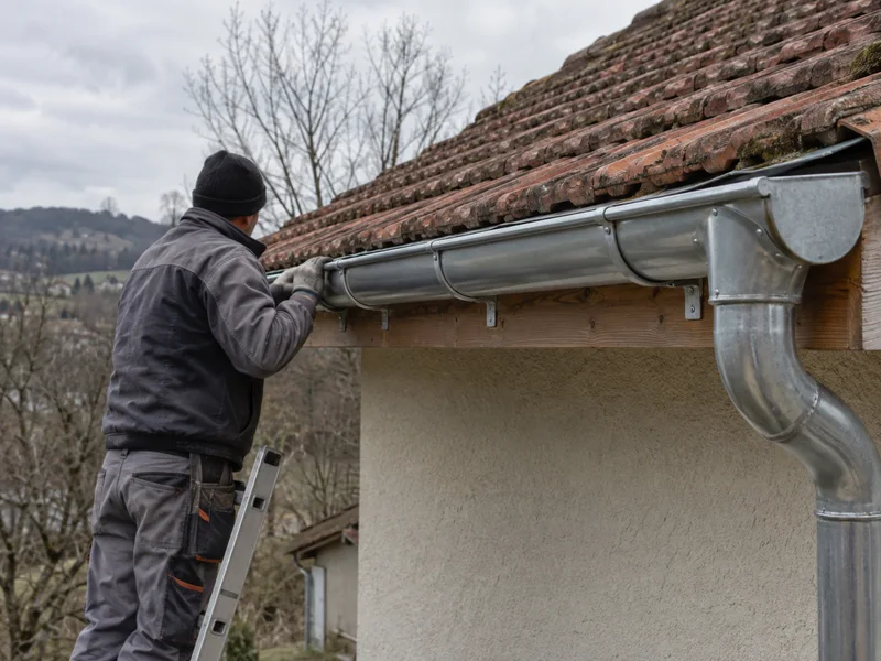 Pose d’une gouttière et d’une descente depuis une échelle — zinguerie à Oyonnax